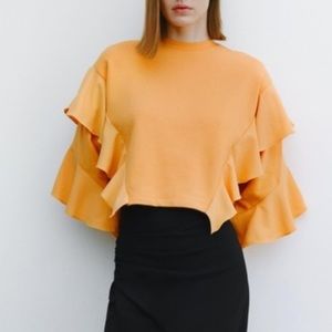 Zara Ruffle Sleeve Round Neck Cropped Sweater Women Small Color Light Orange